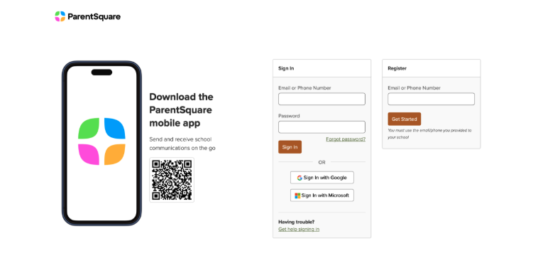 The ParentSquare login page