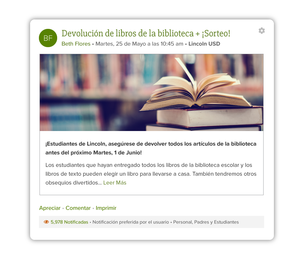 ParentSquare Post Translated in Spanish