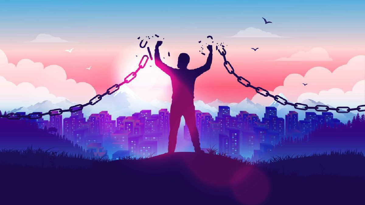 person overlooking skyline breaking through chains