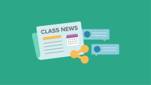 Classroom newsletter, direct messaging texts, and social share icon