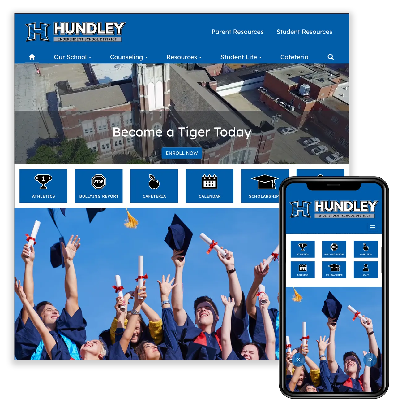Hundley ISD example Smart Site on web and mobile