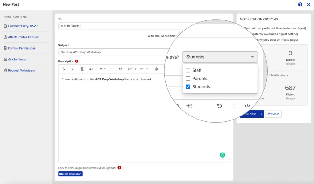 post with student audience