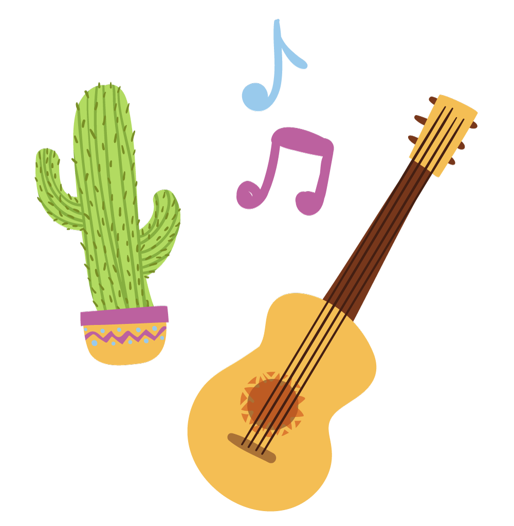 guitar and cactus with colorful music notes