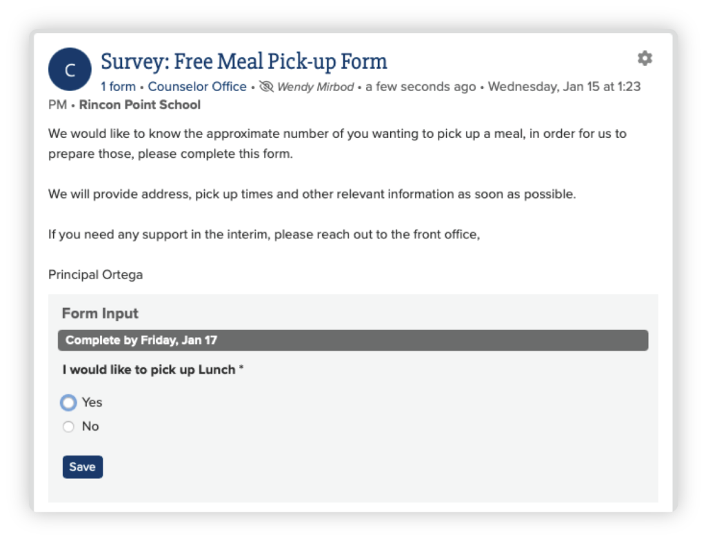 ParentSquare survey on free meal pick-up using the forms tool