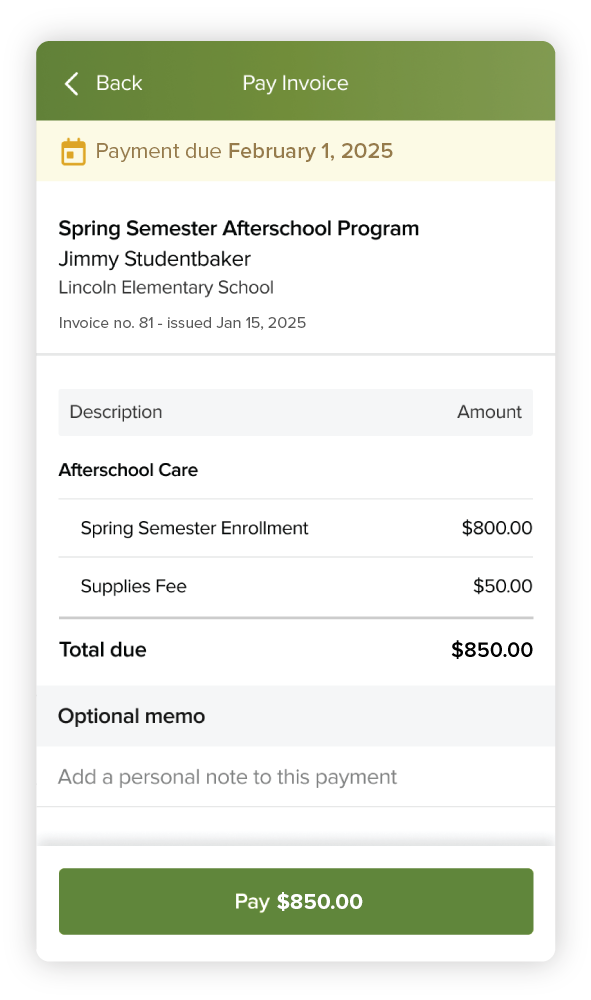 afterschool program fees invoice