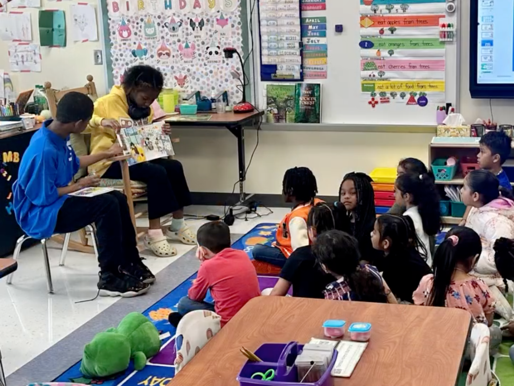 classroom of elementary students being read to out loud