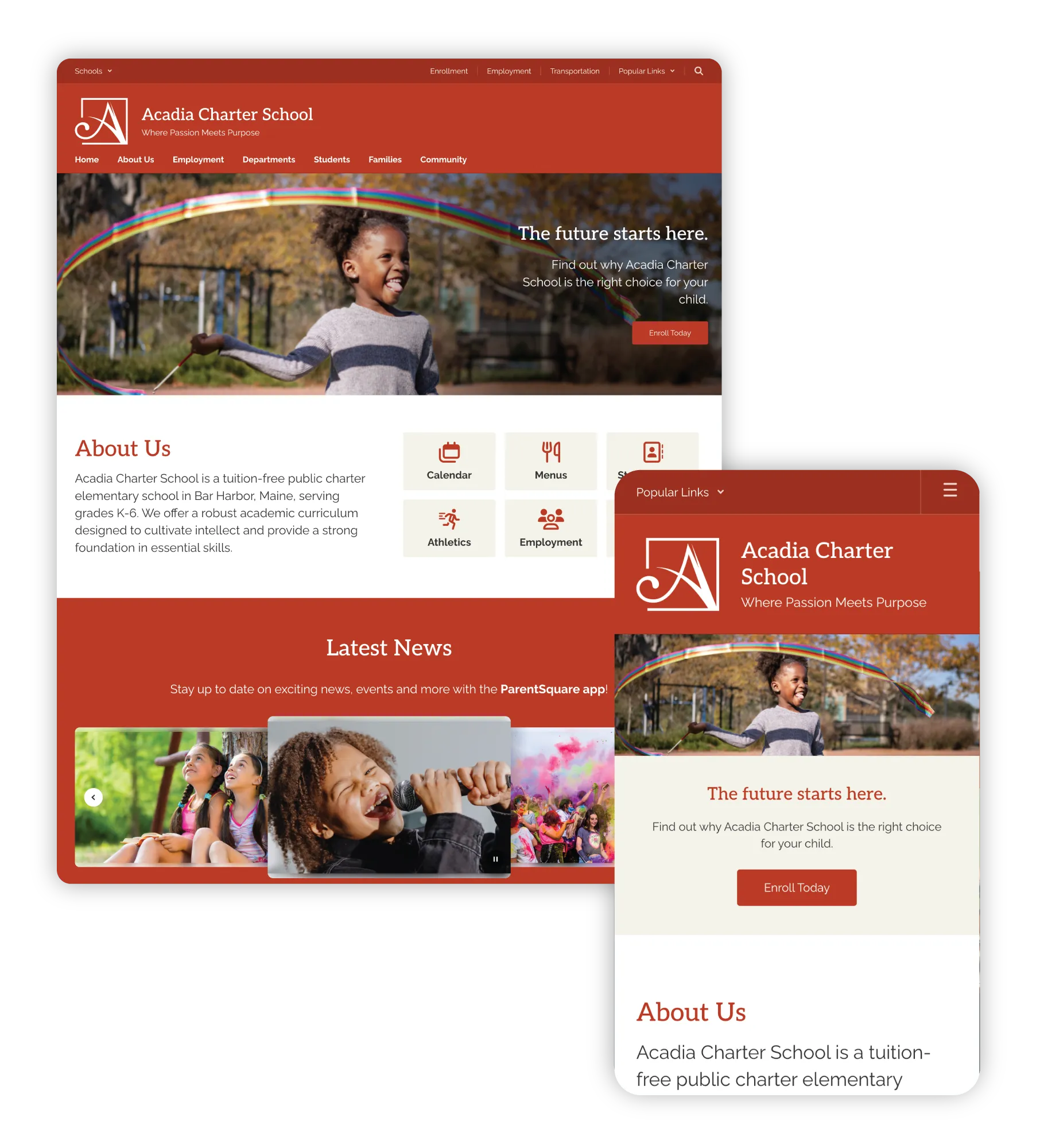 Example of Acadia Charter School K-12 website built with ParentSquare Smart Sites, featuring ADA-compliant design and mobile-responsive templates.