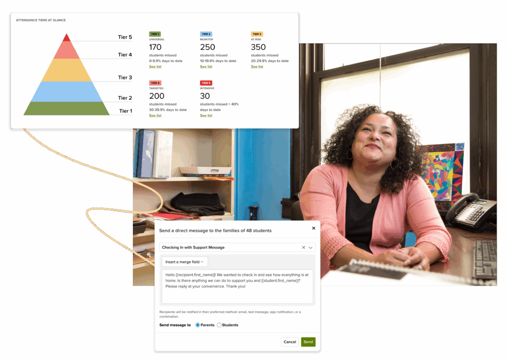 happy teacher at desk in classroom alongside attendance reporting and messaging in ParentSquare