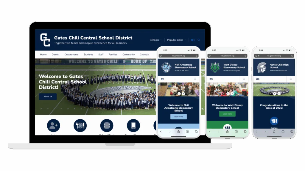 Gates Chili CSD K-12 district website and mobile app built with ParentSquare Smart Sites for accessible, mobile-friendly family engagement.
