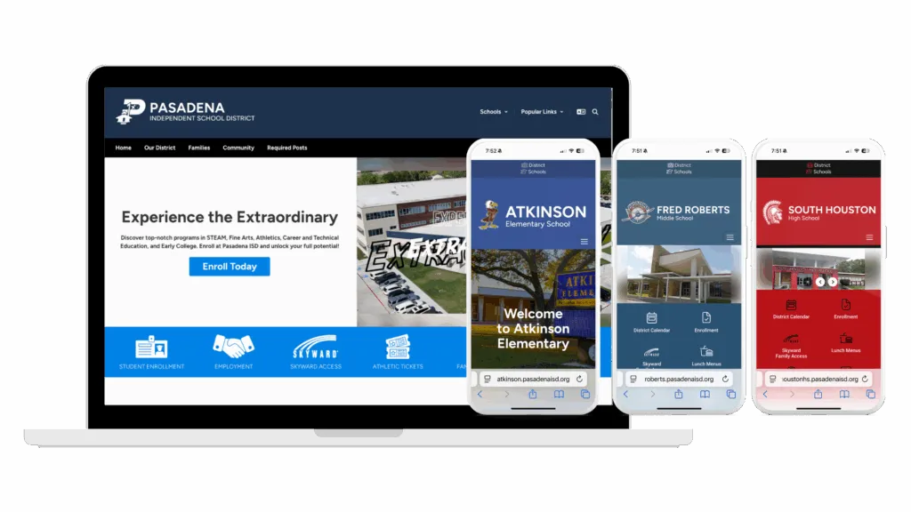 Pasadena ISD K-12 district website and mobile app built with ParentSquare Smart Sites for accessible, mobile-friendly family engagement.