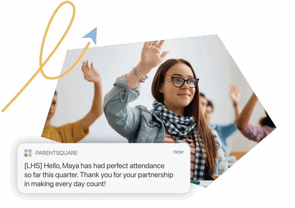 high school student engaged in class with positive attendance notification UI
