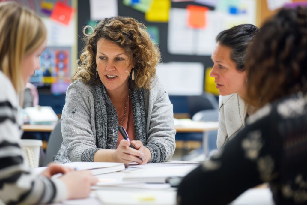 A focused group of educators and parents engage in a serious discussion at a meeting
