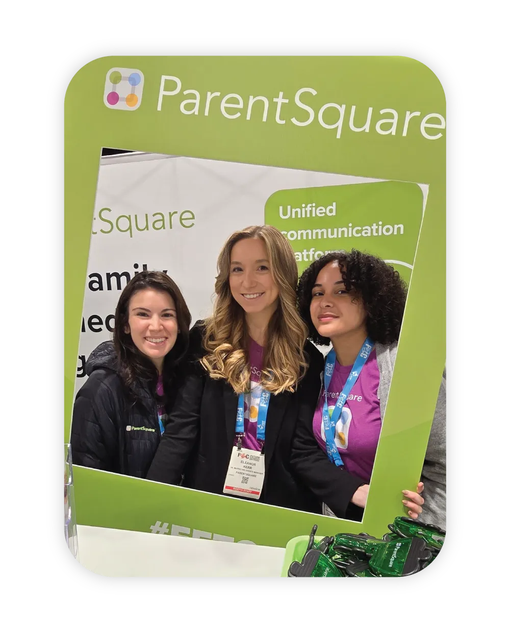 three women posing in ParentSquare photo frame at conference