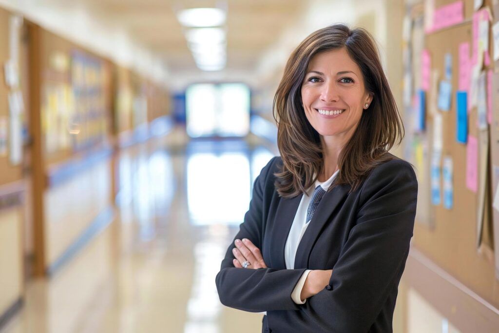 smiling school principal standing in school hallway