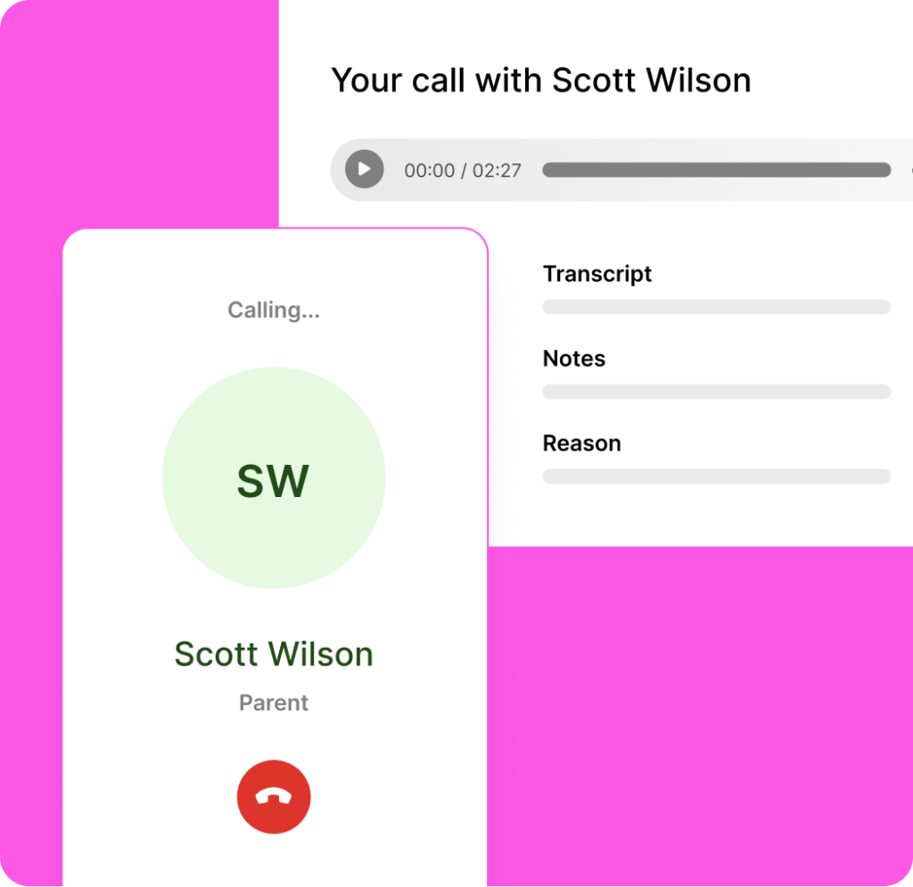 A mobile interface showing a call from a teacher to a parent via ParentSquare, including call log details such as name, transcript, notes, and reason for calling.