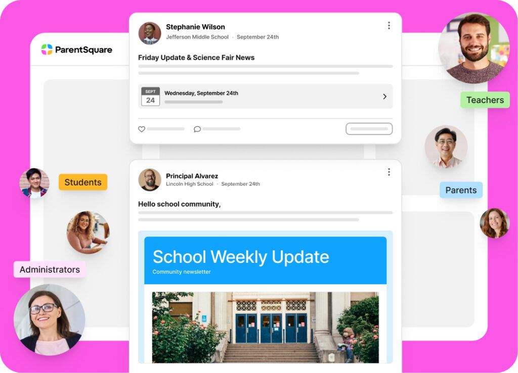 ParentSquare feed showcasing school updates and newsletters surrounded by icons representing students, teachers, and parents.