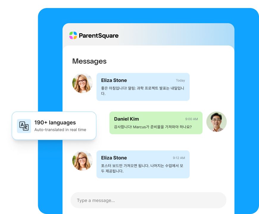 A conversation between a teacher and a parent, automatically translated into the parent's preferred language of Korean.