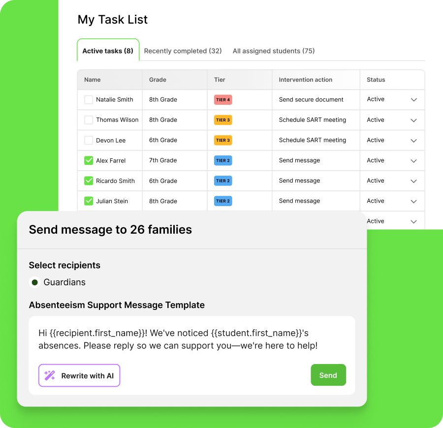 A task list interface showing active attendance tasks with student name, grade, attendance tier, intervention activity, and task status. This is accompanied by a sample intervention activity, which is a templated attendance message that can be personalized and sent in bulk to the guardians of students selected from the list.
