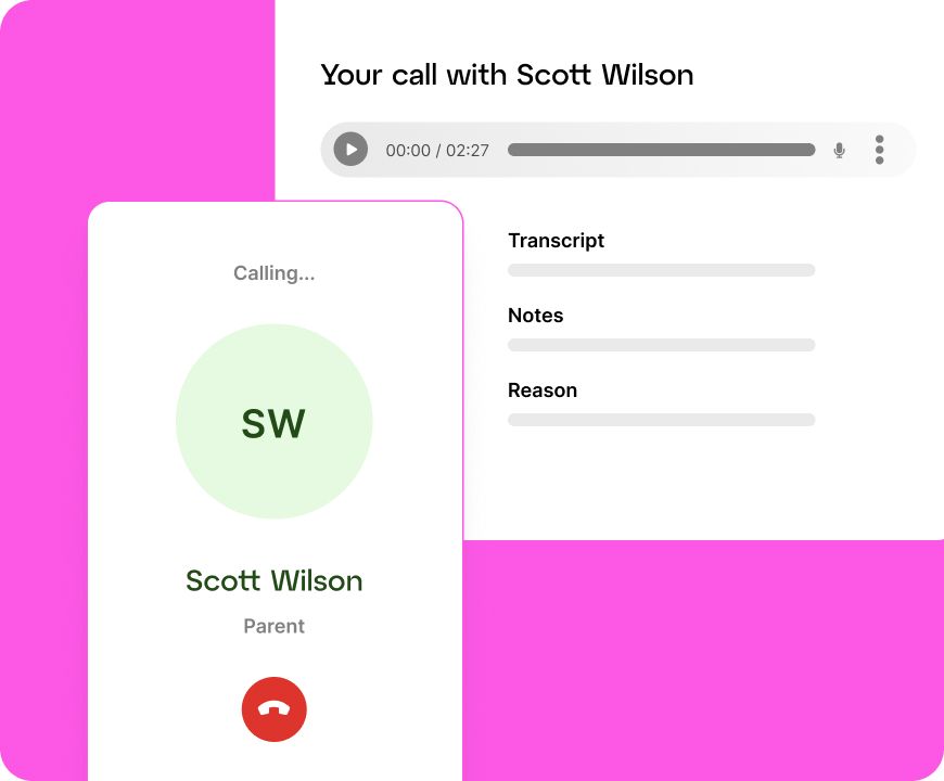 A mobile interface showing a call from a teacher to a parent via ParentSquare, including call log details such as name, transcript, notes, and reason for calling.