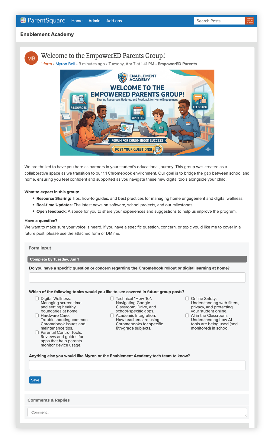 ParentSquare group welcome post