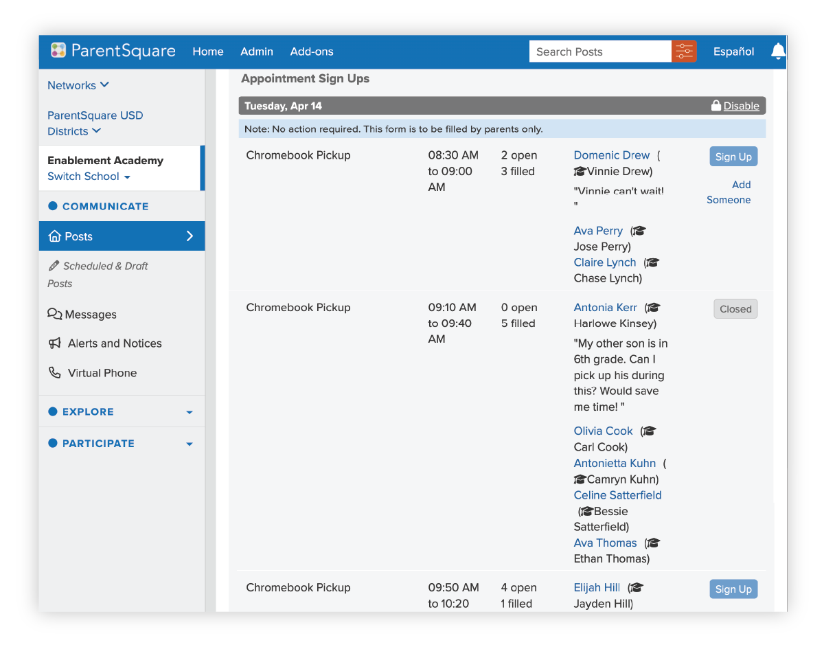 appointment sign-ups for pick-ups