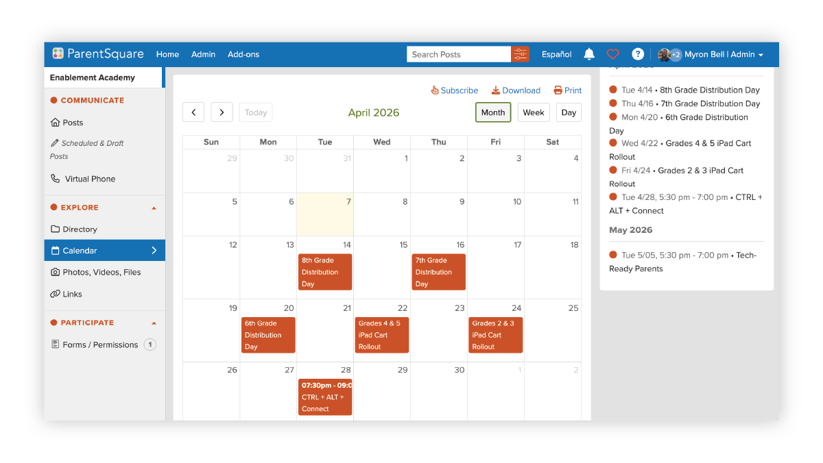 school calendar showing distribution days