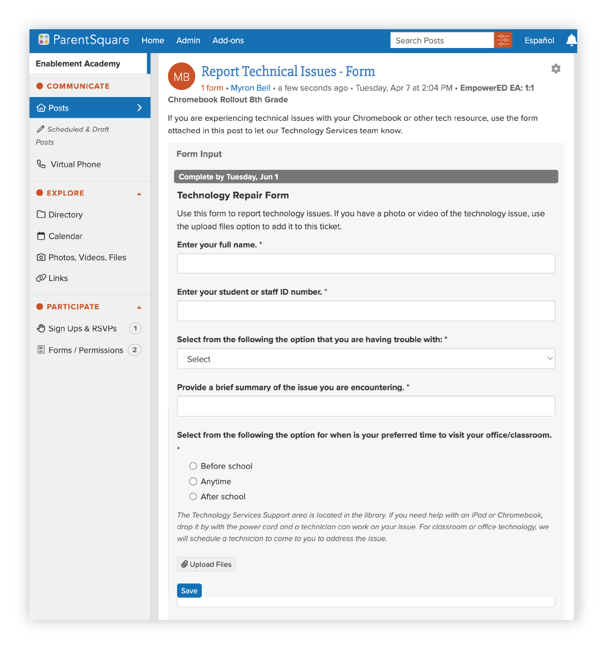 form for reporting technical issues