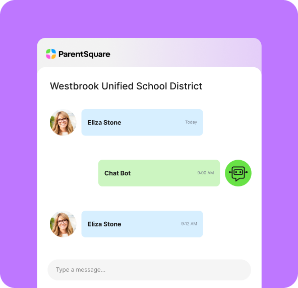 ParentSquare app interface showing a chat conversation for Westbrook Unified School District, featuring messages between user Eliza Stone and a green Chat Bot, with timestamps and profile icons on a purple gradient background.