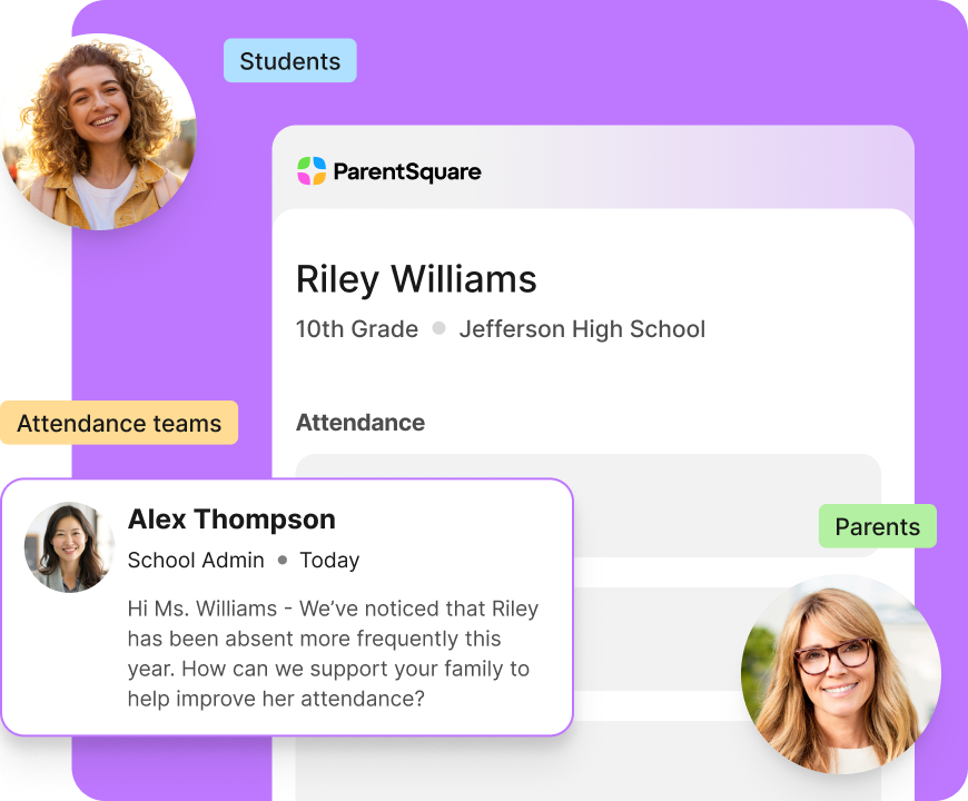 A message from a school administrator to a parent, noticing that their student has been absent more frequently and asking how they can support the family in improving daily attendance.