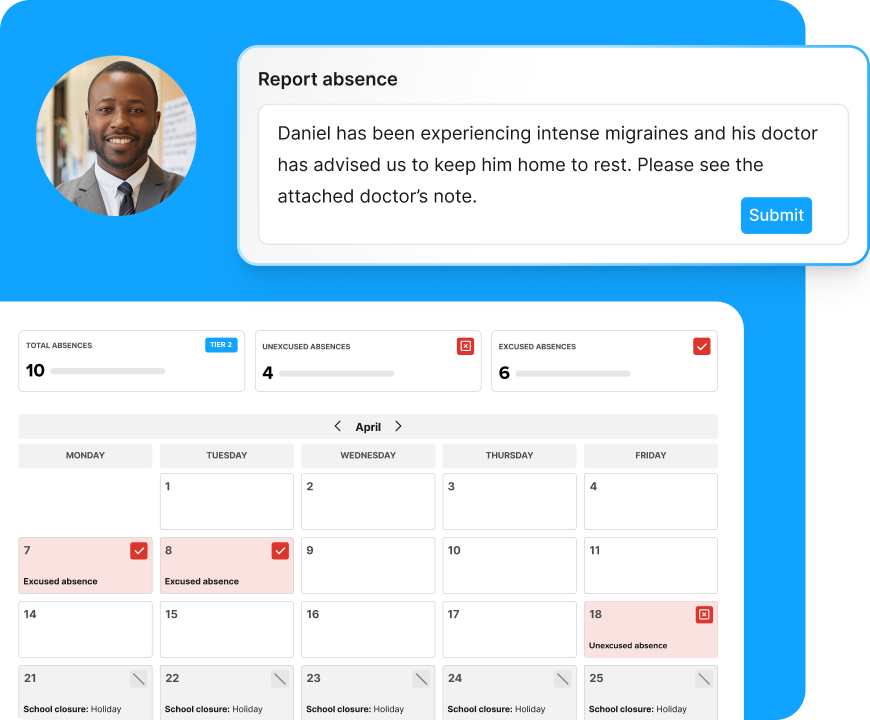 Illustration of ParentSquare’s proactive absence reporting feature showing a parent submitting a student absence report with a doctor’s note, alongside an attendance dashboard displaying excused and unexcused absences on a school calendar.