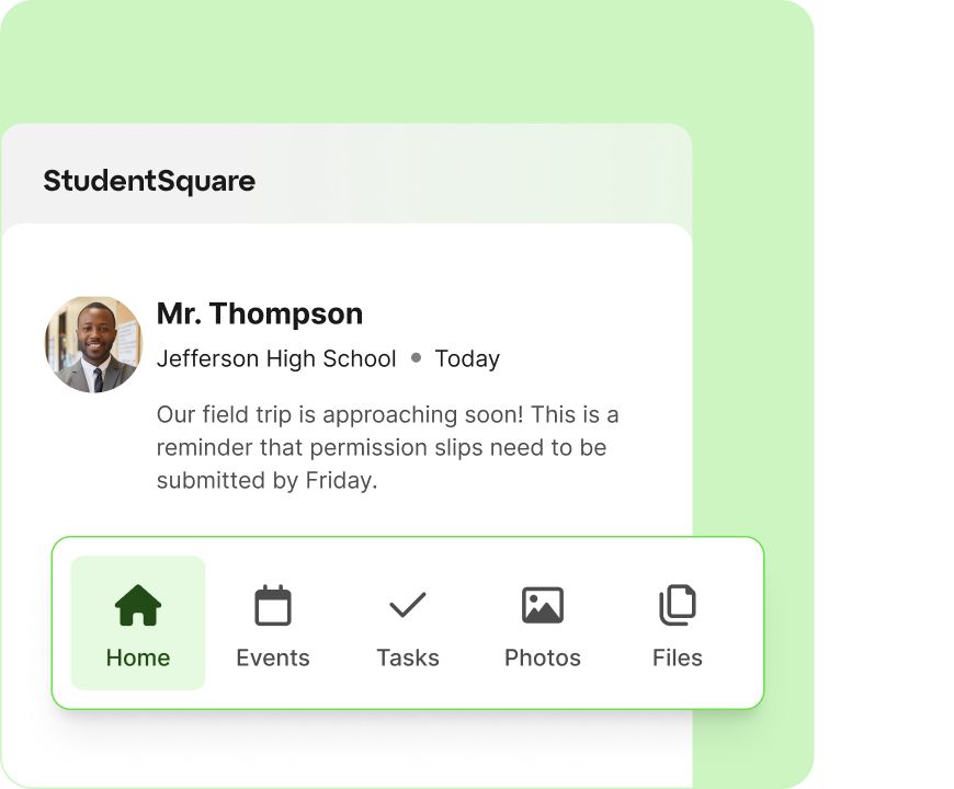A StudentSquare message from a teacher with a reminder that permission slips need to be submitted for an upcoming field trip.