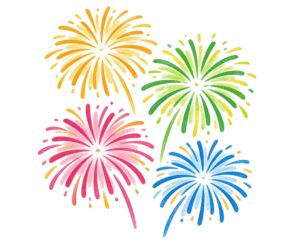 hand-drawn style illustration of fireworks in multiple colors