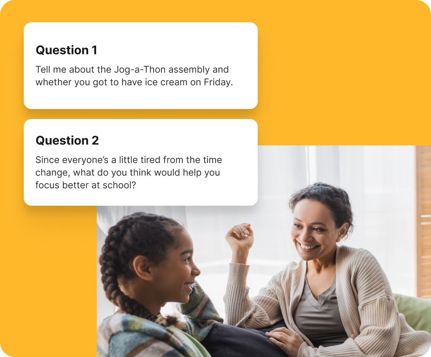 Illustration of a parent and child having a conversation at home, with overlaid AI-generated discussion prompts inspired by school updates. The prompts ask about a Jog-a-Thon assembly, ice cream on Friday, and ways to focus better at school after the time change.