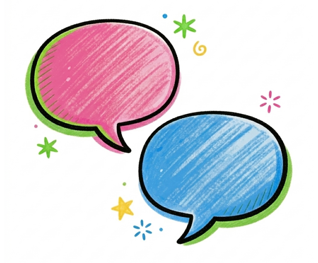 hand-drawn pink and blue speech bubbles with geometrics decorative flourishes