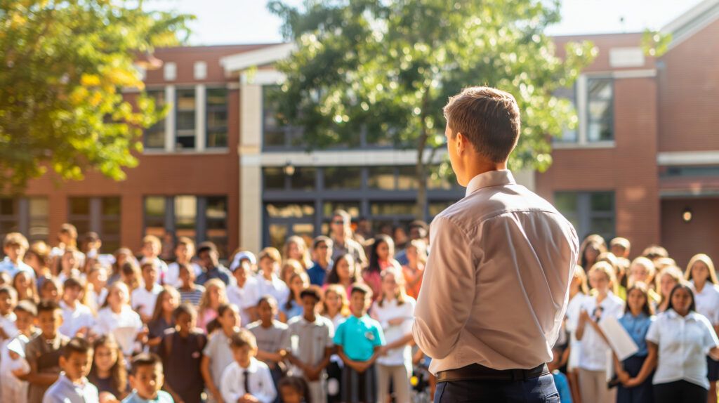 Man standing in front of a crowd of children