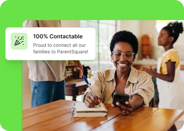 Young woman using a smartphone outdoors beside a graphic promoting 100% family contactability through ParentSquare.
