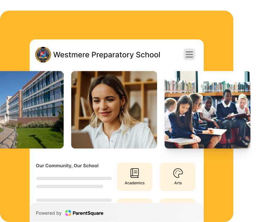 Mockup of a private school website for Westmere Preparatory School featuring campus imagery, student life photos, academic program highlights, and ParentSquare branding.