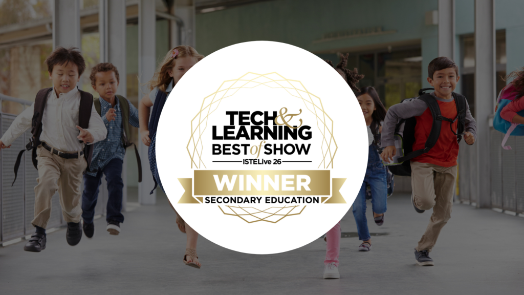 elementary-aged children with backpacks running down school hallway overlaid with Tech & Learning award badge