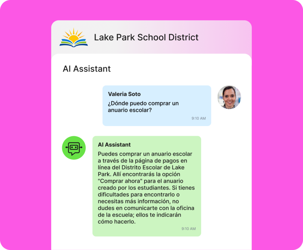 Message sent and received in Spanish using ParentSquare AI Assistant website chat bot