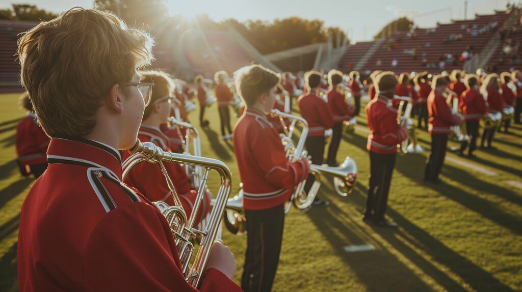 A high school band practicing on the school field, preparing for a halftime performance