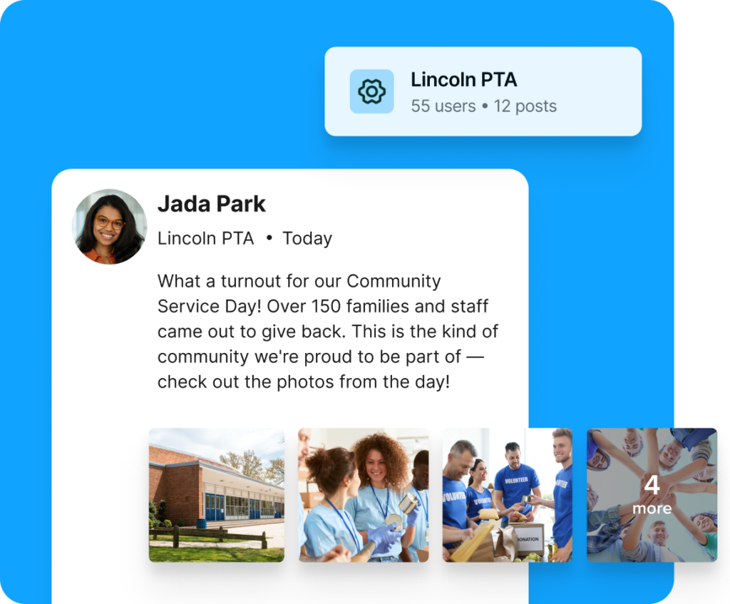 Celebration of school volunteering day turnout communicated via Community Groups post