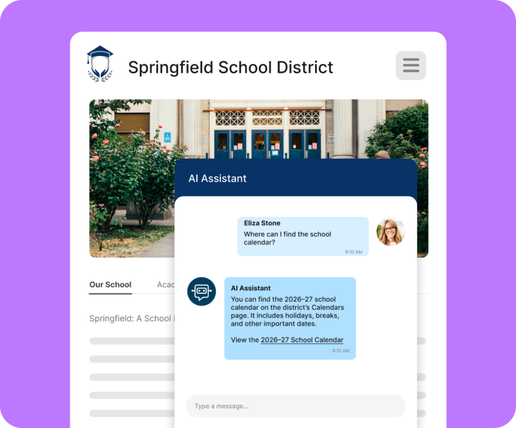 Illustration of Springfield Middle School’s website with an AI Assistant chat answering a parent’s question about where to find the 2026–27 school calendar and providing a link to it.