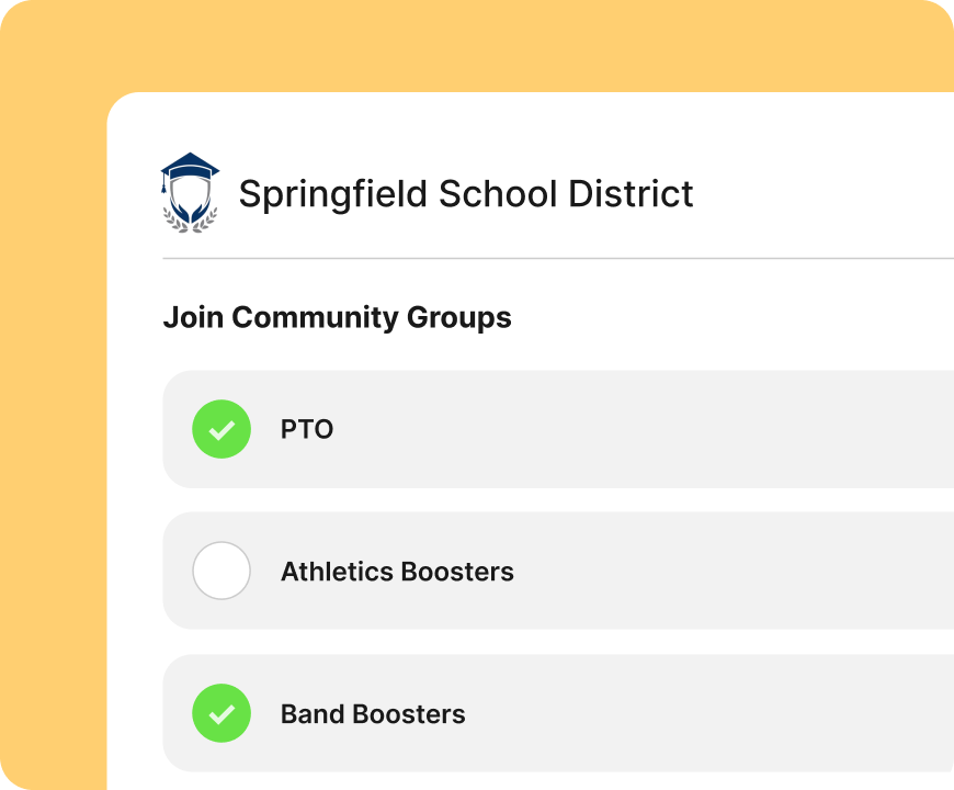 Community Groups sign-up page showing several groups available to join, including Athletics Boosters and Band Boosters
