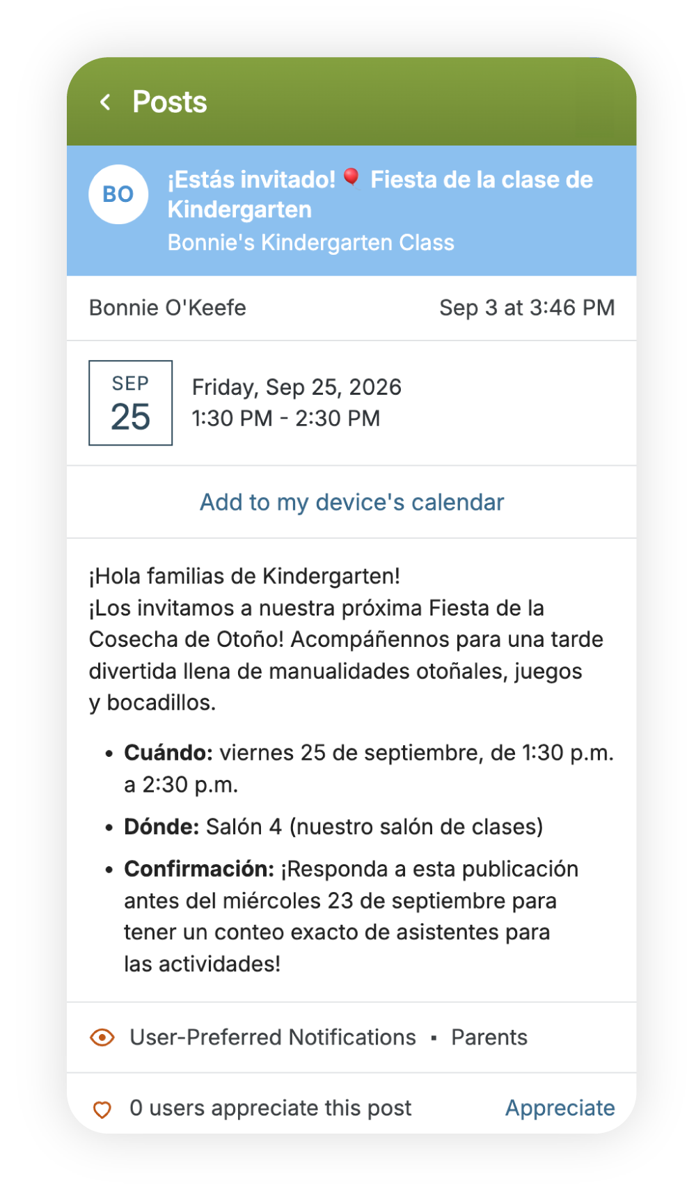 ParentSquare post inviting parents to a class party