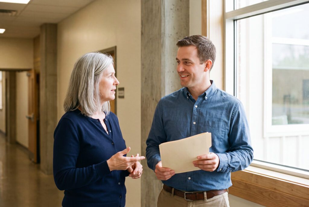 man and woman discussing paperwork in school hallway