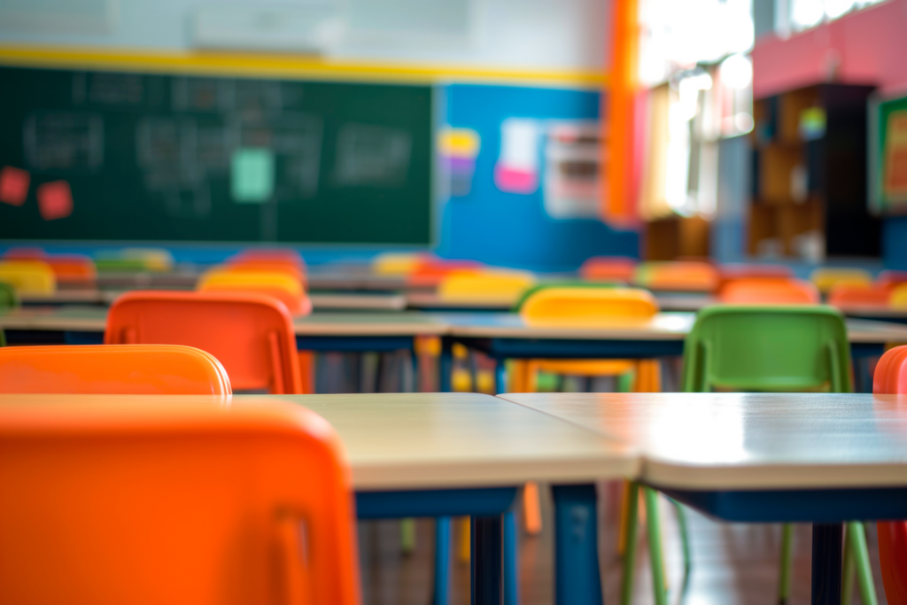 empty desks in brightly decorated classroom
