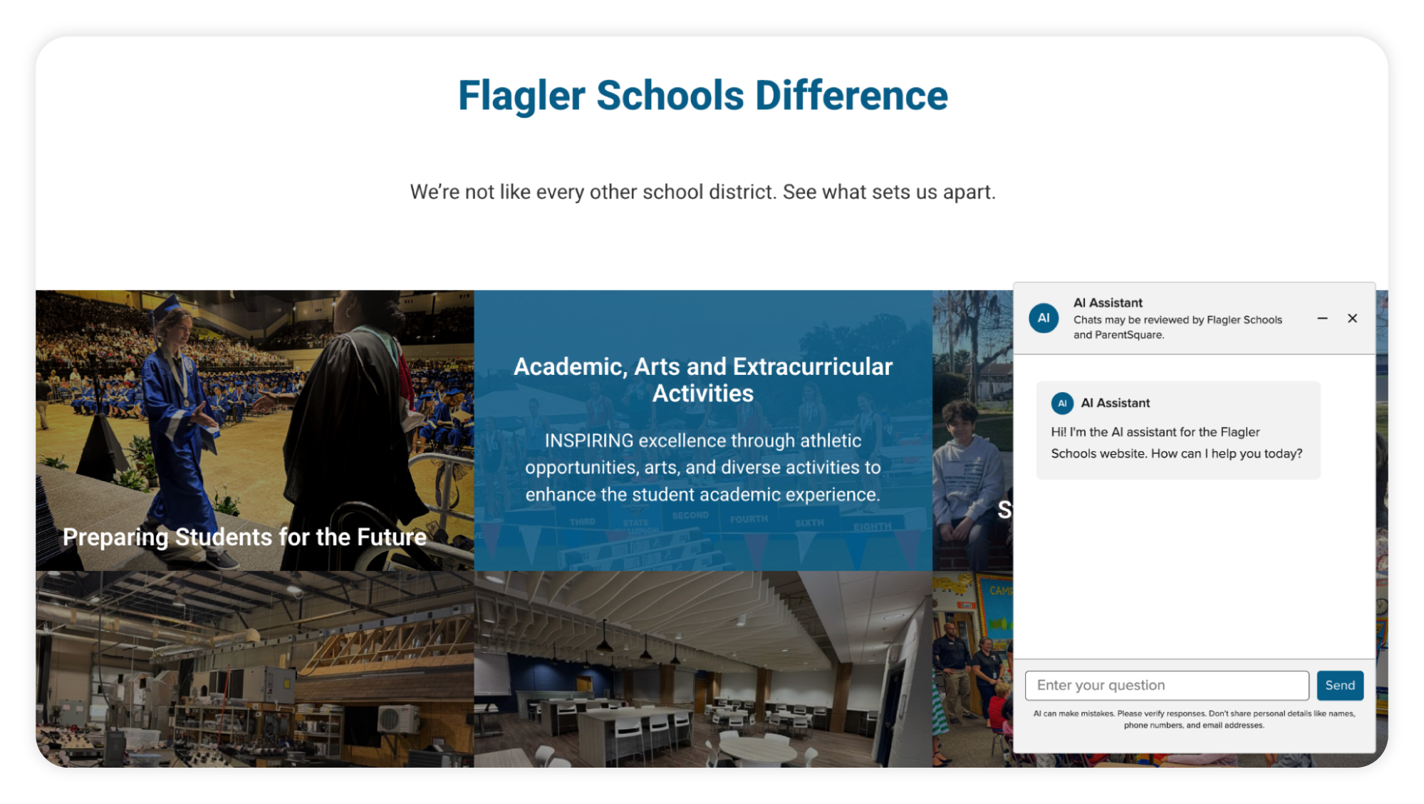 Flagler Schools homepage with AI Assistant