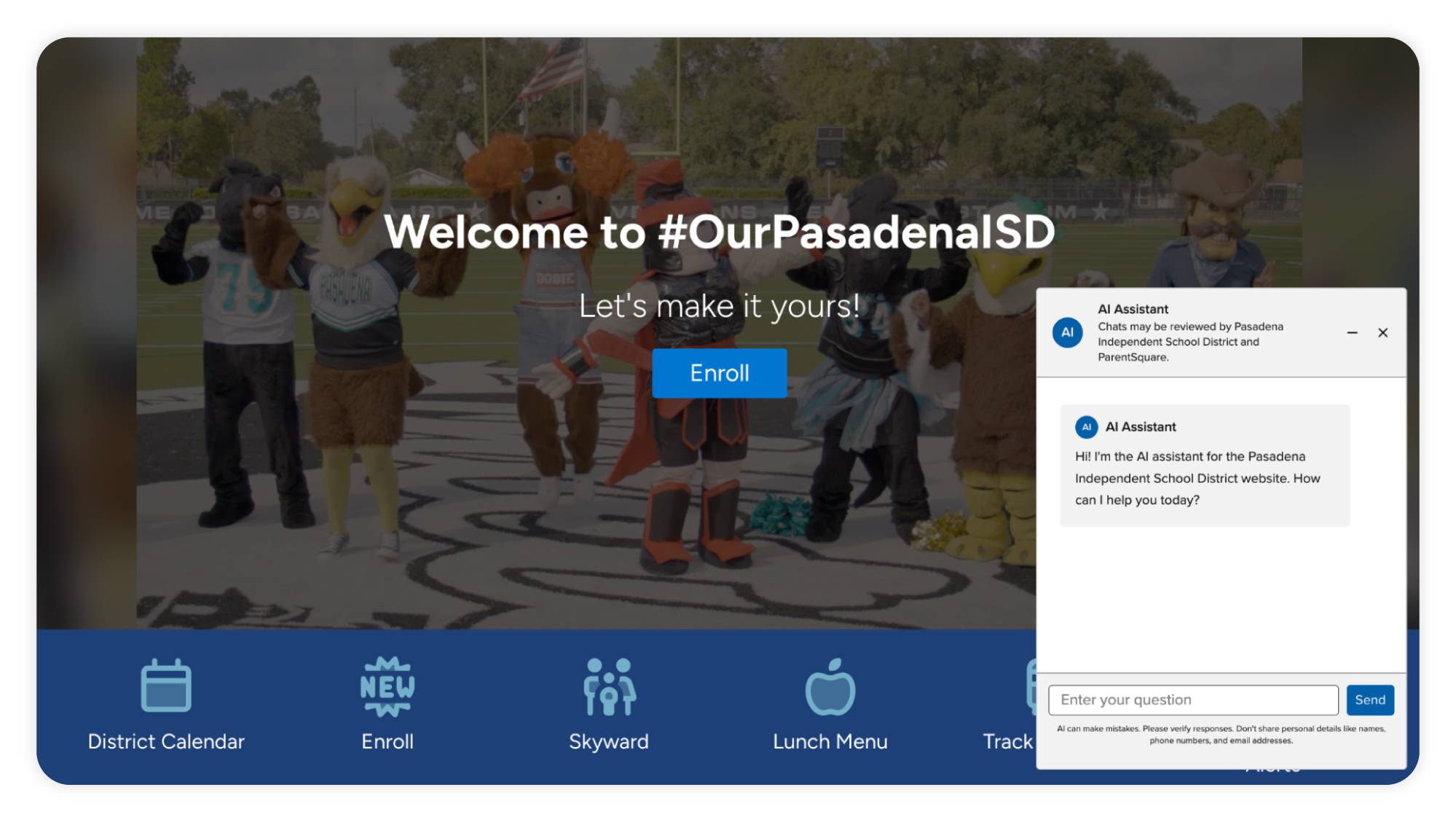 Pasadena ISD homepage with AI Assistant