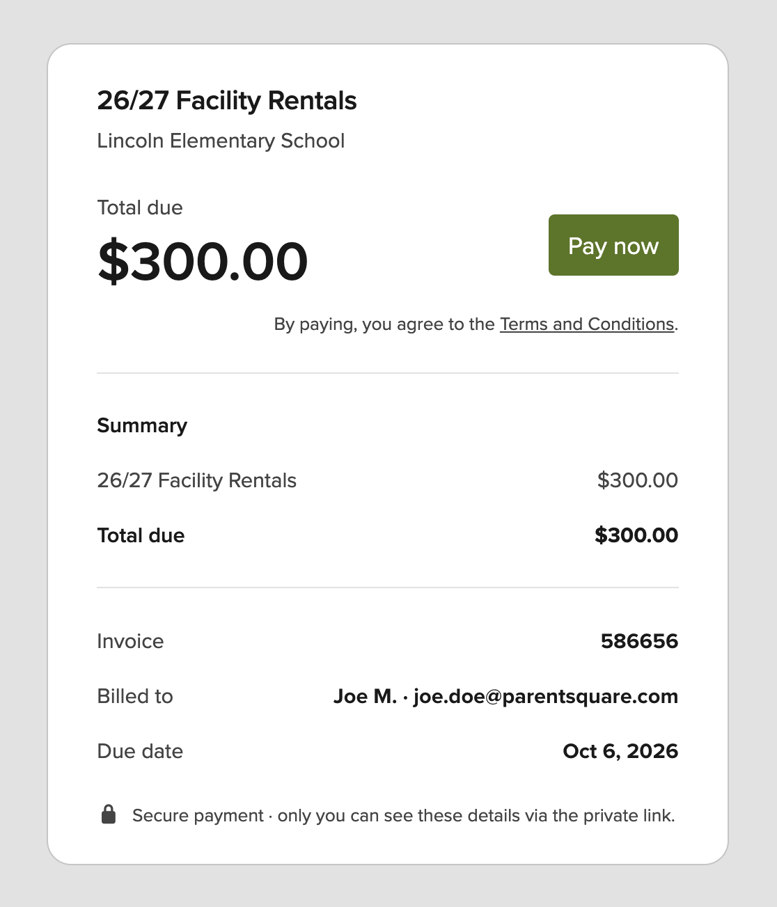 invoice creation for facility rentals in ParentSquare