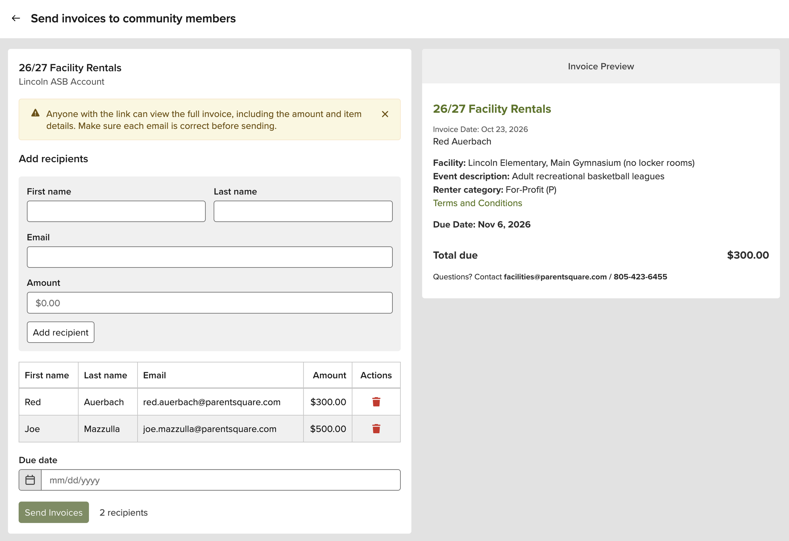 invoice set up and preview in ParentSquare